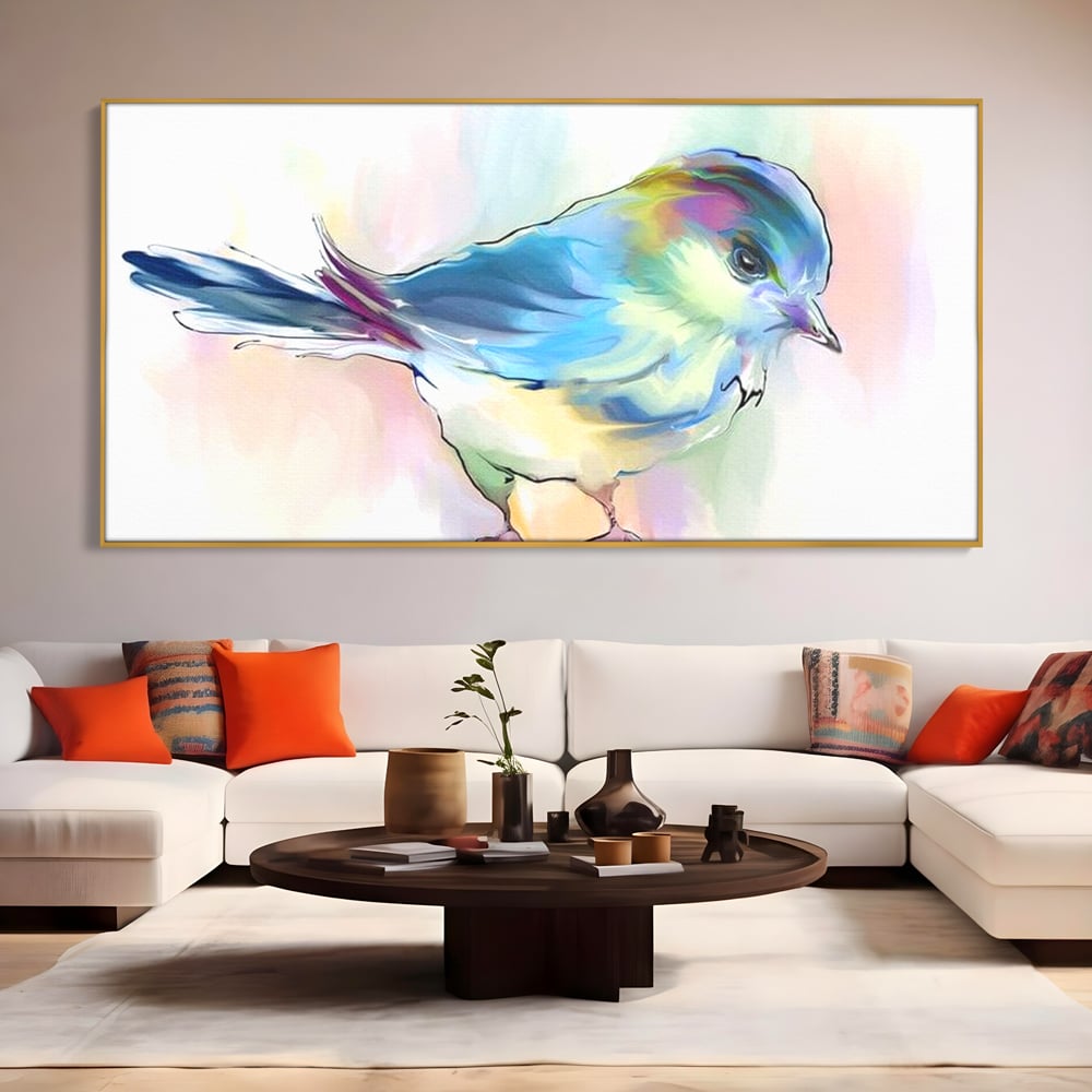 Tablou canvas cu tablou canvas cu pasare colorata in acuarela, in rama de aluminiu auriu, pe perete intr-un living